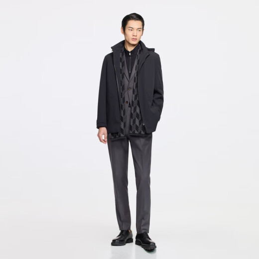 劲霸男装外套男商务休闲连帽易打理春秋中长款夹克|BKZE3291 黑色 2XL