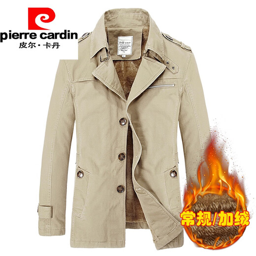 Pierre Cardin autumn and winter men's windbreaker mid-length hooded cotton Korean style trendy lamb plush jacket popular coat 5793Z dark khaki plus velvet XL