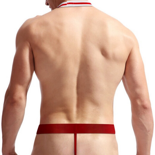 One-piece men's sexy underwear, seductive thong, breathable, elastic, sexy bow tie, low-waisted butt-revealing suspender pants, one-piece thong red, one size fits all