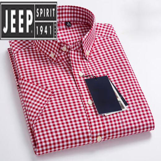 JEEP SPIRIT夏季纯.棉小格子衬衫男短袖薄款韩版修身潮流休闲棉半袖衬衣 绿色 PULO-F983 42