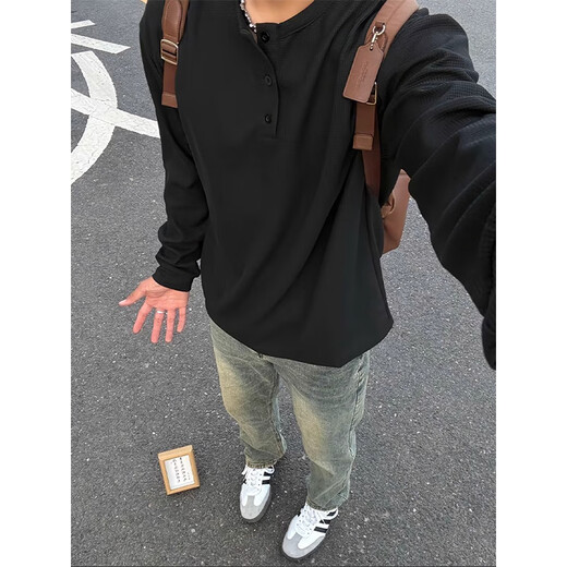 Digada American Henry Neck Waffle Waffle Sweatshirt Men's Men's Spring and Automne and Winter Plus Fleece Underpants T-shirt long à manches longues décontractées