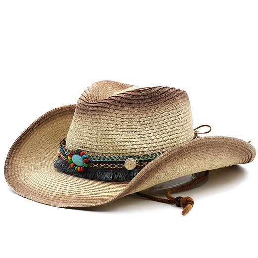 Woodpecker brand spring and summer bohemian style western cowboy straw hat foldable summer windproof rope Tibetan style hat Kaka M (56-58cm)