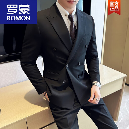 ROMON double-breasted gun lapel suit men's suit slim casual business formal groom wedding dress three-piece suit black double-breasted suit + trousers XL 125-140Jin Jin equals 0.5 kg