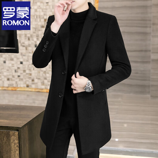 ROMON Wool Woolen Coat Men's Slim Mid-Length Windbreaker Autumn and Winter Thickened New Woolen Men's Jacket Korean Version Black 2XL