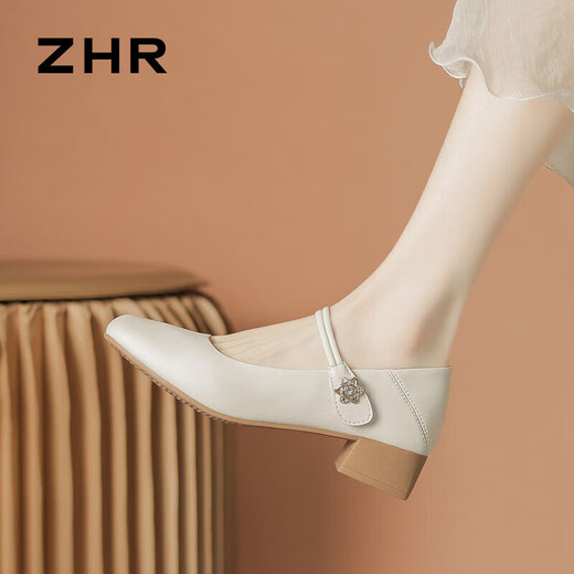 ZHR玛丽珍鞋女优雅舒适粗跟单鞋女气质通勤浅口女鞋 AH506 米色 37 