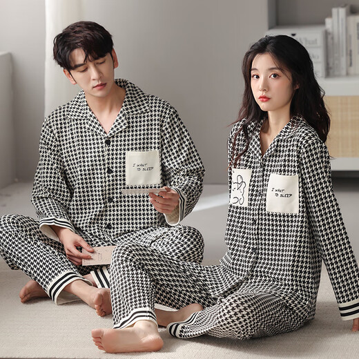 LangSha (LangSha) couple pajamas for women in spring and autumn pure cotton long-sleeved cardigan fashionable checkered home clothes for men can wear casual suits for men 579+women 679 Male XL [175-180CM/140-160Jin [Jin equals 0.5 kg]]