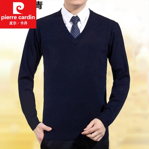 Pierre Cardin Autumn and Winter Round Neck Sweater Men's Thickened Suit Bottoming Knitted Sweater Sweetheart Collar Business Suit Casual Men's A30-3888 V Navy XL 175