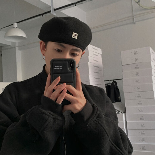 Mu Jinfan Decoration New Outdoor Versatile Woolen Beret Men's Autumn and Winter Fashion Versatile Black Backward Wearing Progress Hat Men's KK Black One Size