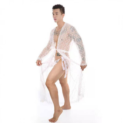 Sexy underwear men's underwear thong sexy sexy lace bathrobe long transparent slit S g094 black nightgown + underwear