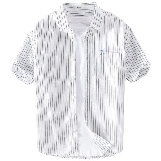 Gosejue Sommer lässiger kurzärmelige Streifenhemd Herrenlose Hemd Neue Männer literarische Hemd-Basis-Hemd 9740 Black M