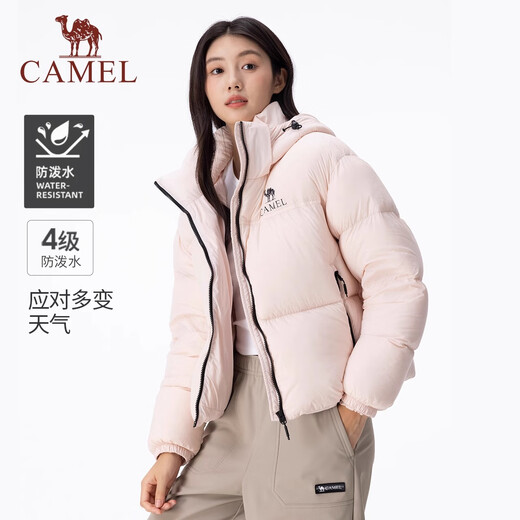 骆驼（CAMEL）黑钻系列短款羽绒服女装冬新款保暖防风连帽羽绒外套面包服 724CA6B601，幻影黑，女 S S