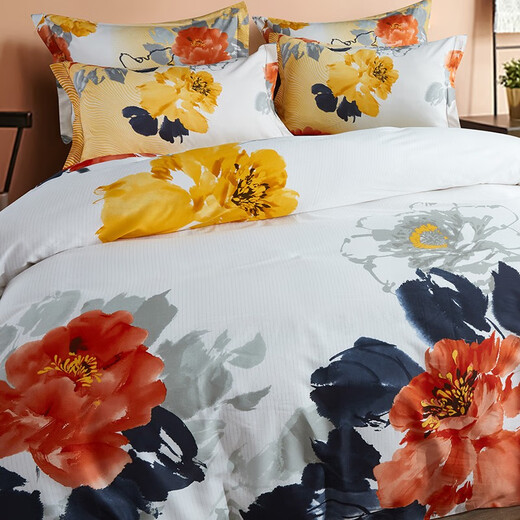 Luolai Chinese ink style flower pure cotton four-piece set, cotton high-density satin bedding, ink color 200x230cm