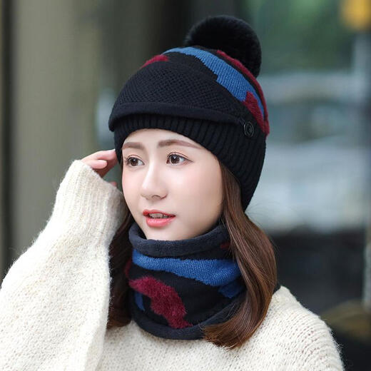 Karond Neues Produkt ältere Hüte für Frauen Herbst und Winter für Frauen Herbst und Winter koreanischer Stil Trendy plus Samt warme dreiteilige Set modische und vielseitige Winter-Ohrschutz-Strickhüte, braune, warme Drei-teilige Set [Hut ++ Schal]