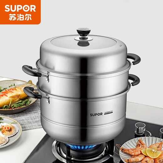 SUPOR steamer 304 stainless steel steamer three-layer multi-bottom steamer steamer easy storage gas induction cooker universal SZ30T9 supermarket same style 30cm
