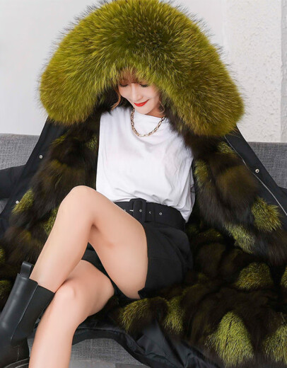 Yishan Paike Women's High-end Light Luxury Fox Fur Liner Removable Oversized Fur Collar Long Over-the-Knee Fur Jacket Army Green Over-the-Knee L