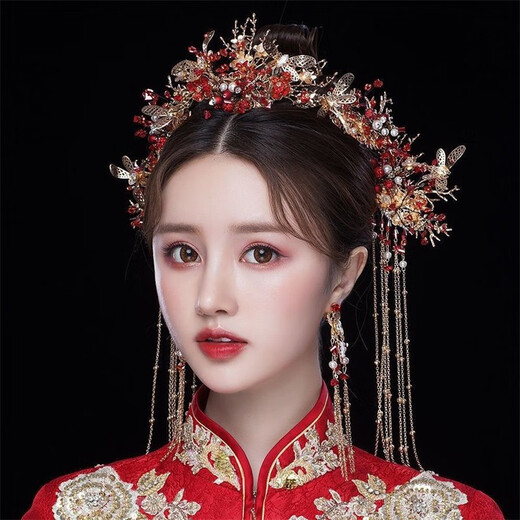 Hai Yiduo Bride Accesorios para el cabello XIUHE Temporito de la ropa Boda de boda Tassel Shaking Phoenix Crown Wedding Wedding Morning Morning Atmosférico y hermoso Modelo Tocado Traje de tocado + Ear Clip Estilo