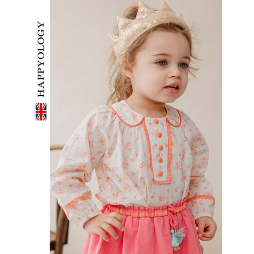 Happyology British European style button-down girls' shirt children's shirt long-sleeved tops girls British splicing collar flowery golden rose 134 (134cm)