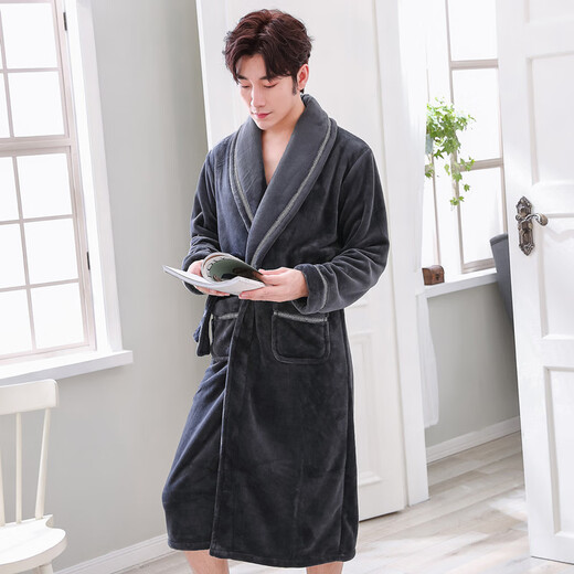 Yalu Pajamas Men's Winter Plus Velvet Thickened Flannel Pajamas Extra Long Men's Bathrobe Large Size Home Clothes Winter Style NSCHH-186 Gray Mainly recommended model is thicker XL Men's recommendation 130-150Jin Jin is equal to 0.5 kg