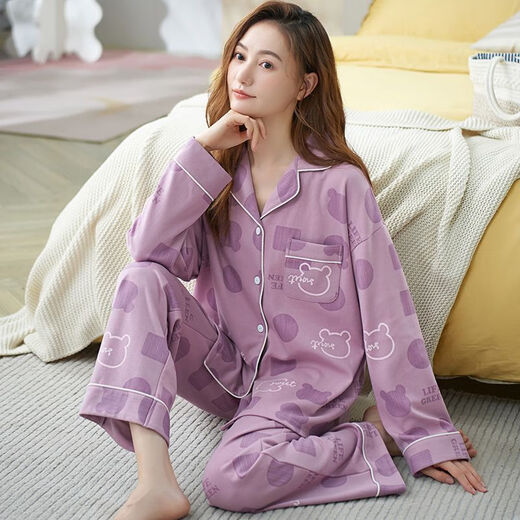 俏丽雅（qiaoliya）睡衣女春秋季纯棉长袖卡通套装韩版加长款加肥加大码秋女家 846 L