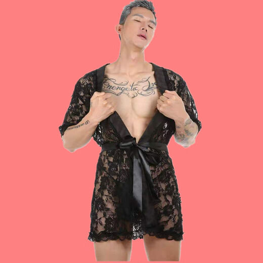 男 情趣睡袍新款男士超性感蕾丝透明丁字裤浴袍居家服套装透视诱 g023蕾丝睡袍 S