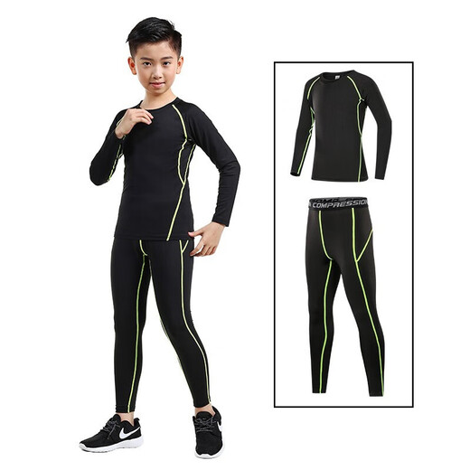 Shengyi children's tights training clothes sports suit fitness quick-drying clothes elastic warm football training basketball clothes long sleeves green line two-piece set 140 (size 28 suitable for 60-70 Jin Jin equals 0.5 kg)