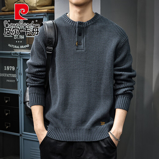 Pierre Cardin 2025 Autumn Sweater Men's American Retro Henley Collar Versatile Heavyweight Casual Sweater Autumn and Winter Jacket Black S Suitable Weight 95-105Jin Jin is equal to 0.5 kg