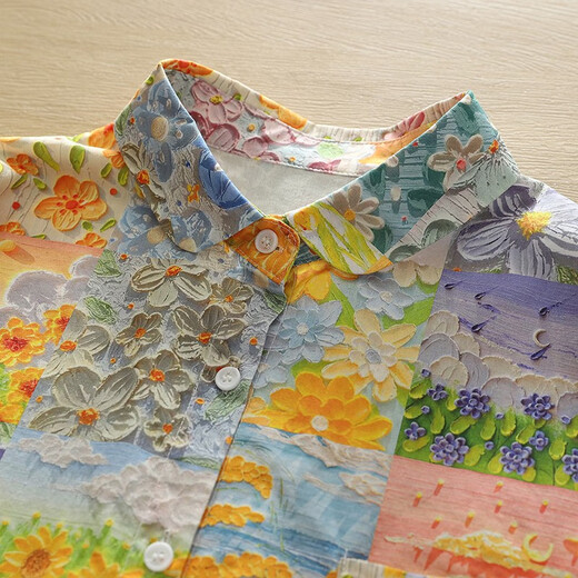 Nuanqiao cotton shirt women's long-sleeved mid-length spring and autumn contrasting color stitching color oil painting printed loose casual cotton shirt color printed oil painting one size (110-150Jin Jin equals 0.5 kg)