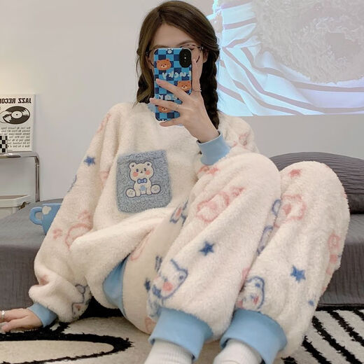 莫代尔（Madallo）睡衣女秋冬季珊瑚绒加厚保暖韩版束口卡通可爱法兰绒家居服套装女 1105长毛绒 M[建议80-100斤]