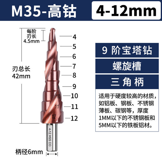German imported cobalt-containing pagoda drill bit, high hardness iron steel plate, stainless steel hole opener, tower type gold steel hole expansion, specializing in stainless steel high cobalt spiral 4-12