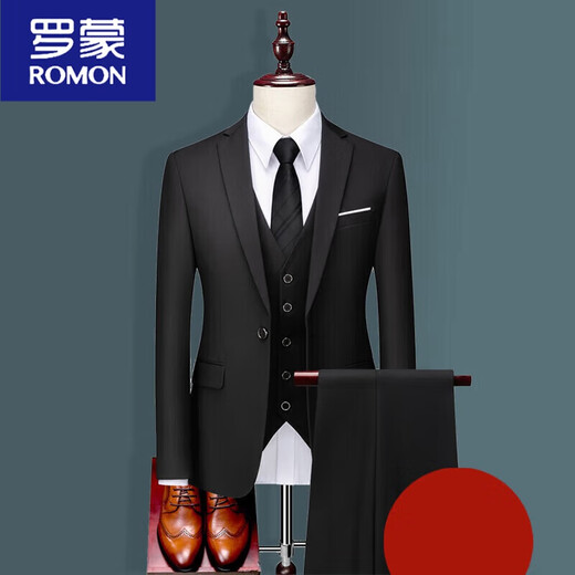 罗蒙（ROMON）西服套装男士三件套商务职业正装小西装韩版修身伴郎新郎结婚礼服 两扣-黑色西服+西裤+衬衫 L 175体重128-140斤