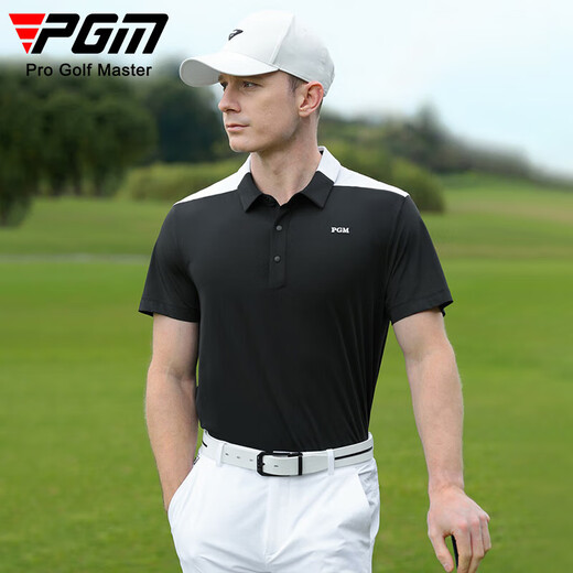 PGM Golf Clothing para hombres Camiseta deportiva de verano para hombres Agujecillos transpirables Absorción de humedad de la solapa Camisa de color Combinación de color YF679-Black 2xl