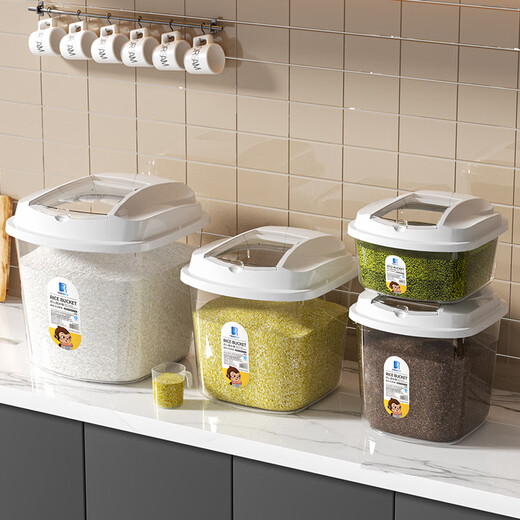Liangbao household rice bucket 50 Jin Jin equals 0.5 kg, thickened 30 Jin Jin equals 0.5 kg, moisture-proof and insect-proof sealed storage box 10 Jin Jin equals 0.5 kg, rice storage box rice tank flour, white blue lid - free rice scooping cup 10 Jin Jin equals 0.5 kg