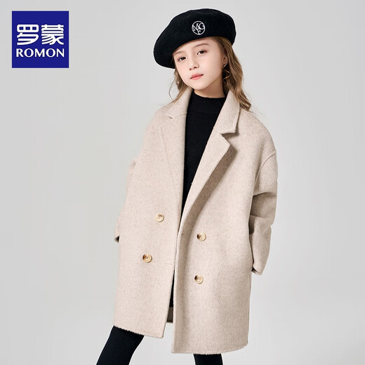 Luo Meng girls double-sided wool coat autumn and winter style children's style mid-length thick woolen coat milk tea white 130