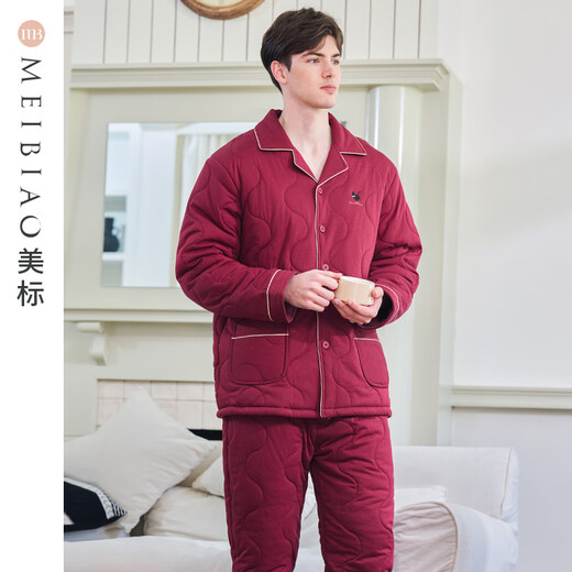 American Standard Gift Couple Three-Layer Thickened Padded Pajamas Set Women's Autumn and Winter Zodiac Year Red Cotton Home Clothing Men's Bright Maroon-Women's XL