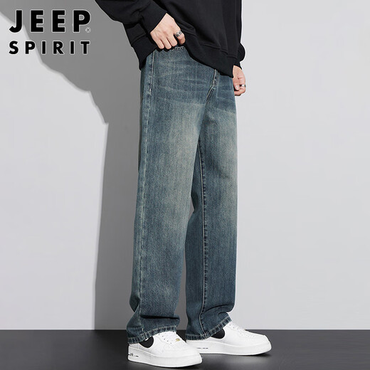 JEEP SPIRIT Jeep jeans men's wide-leg autumn and winter casual pants men's straight loose men's trousers retro blue 33