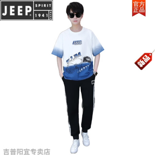Jeep Spirit Summer Teen Teen Short Sleeve T-Shirt Boy Teen Clothy High School Junior High School Schüler Sommer Kleidung hübsche Sportset Trend Blue Set TZ9226 s [60-75jin [Jin gleich 0,5 kg]]
