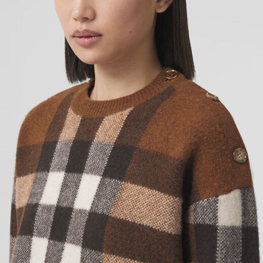 巴宝莉（BURBERRY）【VIP私享优惠】| 女装 格纹羊毛混纺针织衫毛衣 深桦木棕 S