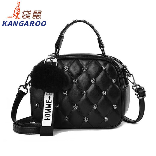 袋鼠（KANGAROO）斜挎小包包女2025时尚复古单肩包铆钉双层手提小方包 753# 黑色