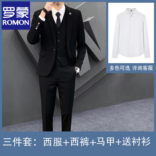 ROMON high-end casual suit men's suit suit groom wedding dress Korean version business casual slim handsome black three-piece suit (suit + trousers + vest) free shirt L (105-120) Jin Jin is equal to 0.5 kg