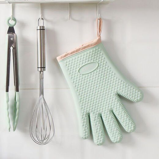 Home kitchen silicone anti-scalding thickened heat insulation gloves baking tray high temperature oven microwave oven special gloves spruce green five-finger large one