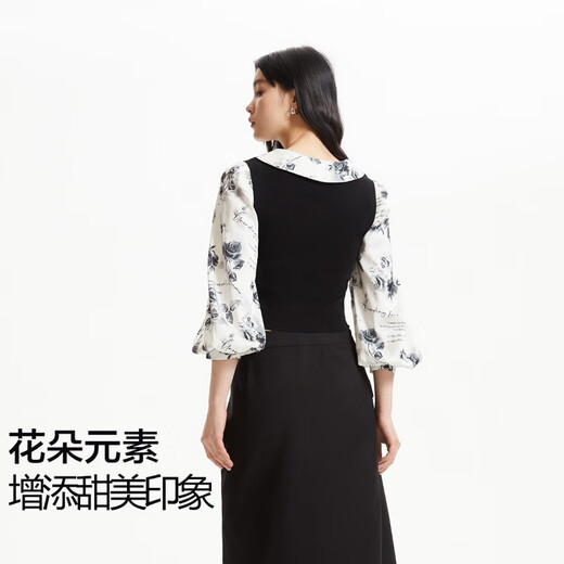 VEROMODA top autumn new style elegant stitching flower lapel three-quarter puff sleeves 3458003 honey milk white 160/80A/S