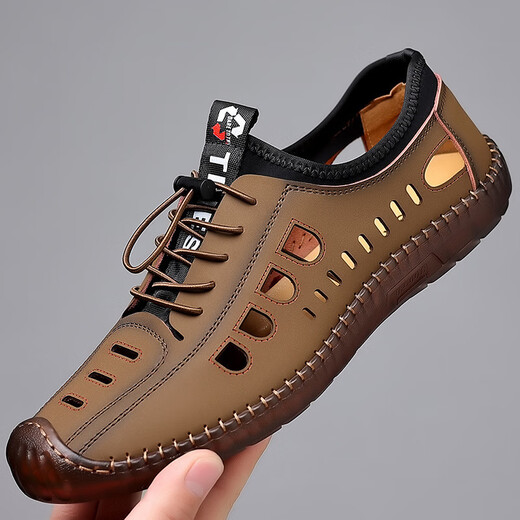 HJZH Summer Men's Soft-Soft-Sole Soft-Sole Sandals Breathable Hollow Outdoor Hollow Shoes Beef-Sole Sole Khaki (Jelly Sole) 41