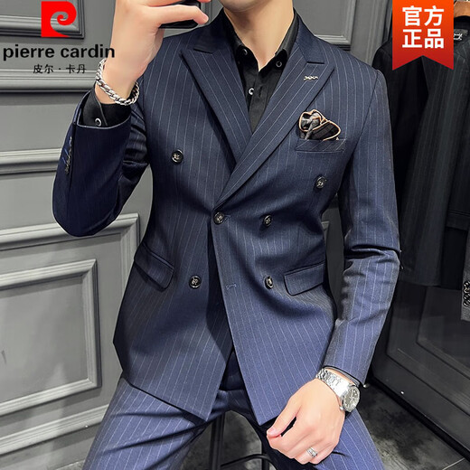 Pierre Cardin large size double breasted British suit suit men's groom wedding slim fit casual business striped suit knitted black three-piece suit XL (suitable for 125-135 Jin Jin equals 0.5 kg)
