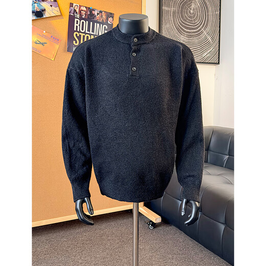 Jufeng Henry collar sweater for men, autumn and winter retro sweater, old money style sweater for men, cleanfit outfit, black single sweater 2XL