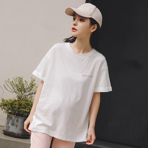 Miduli maternity top wearing large size maternity T-shirt for summer thin mid-length short-sleeved loose maternity dress dark powder L
