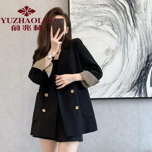 Yu Zhaolin Kleiner Anzug Damen 2023 Frühherbst Neuer Stil Britischer Stil Lose Schlanke High-End-Zweireihige schwarze Anzugjacke mit Wendeärmeln Schwarz (Empfohlener Versand in Sekunden) L (Empfohlen 105-115 Jin Jin entspricht 0,5 kg)