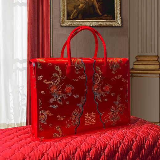 Qing Yu Xi quilt storage bag high-end wedding red four-piece suit with handbag Oxford cloth Dragon and Phoenix Chengxiang high-end satin embroidery fabric XL 60*50*33 pack 8-12 Jin Jin equals 0.5 kg quilt
