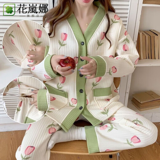 花岚娜（HUALANNA）大码80-250斤空气棉月子服秋冬季孕妇产后哺乳春季睡衣女加厚套装 空气棉：983玉桂兔 XL码建议【120-140斤】