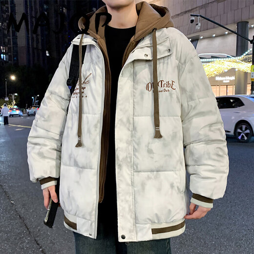 
MAJQP cotton jacket men 2024 winter new thickened warm fake two-piece cotton jacket men youth fashion brand hooded cotton jacket 6626 gray and white 3XL about 145-160 Jin [Jin equals 0.5 kg] can be worn