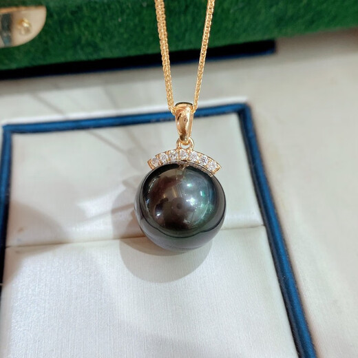 Twilight 12-13mm Tahitian black pearl pendant 18K set with diamonds perfect round strong light slightly imperfect eyelashes as a gift to your lover with silver